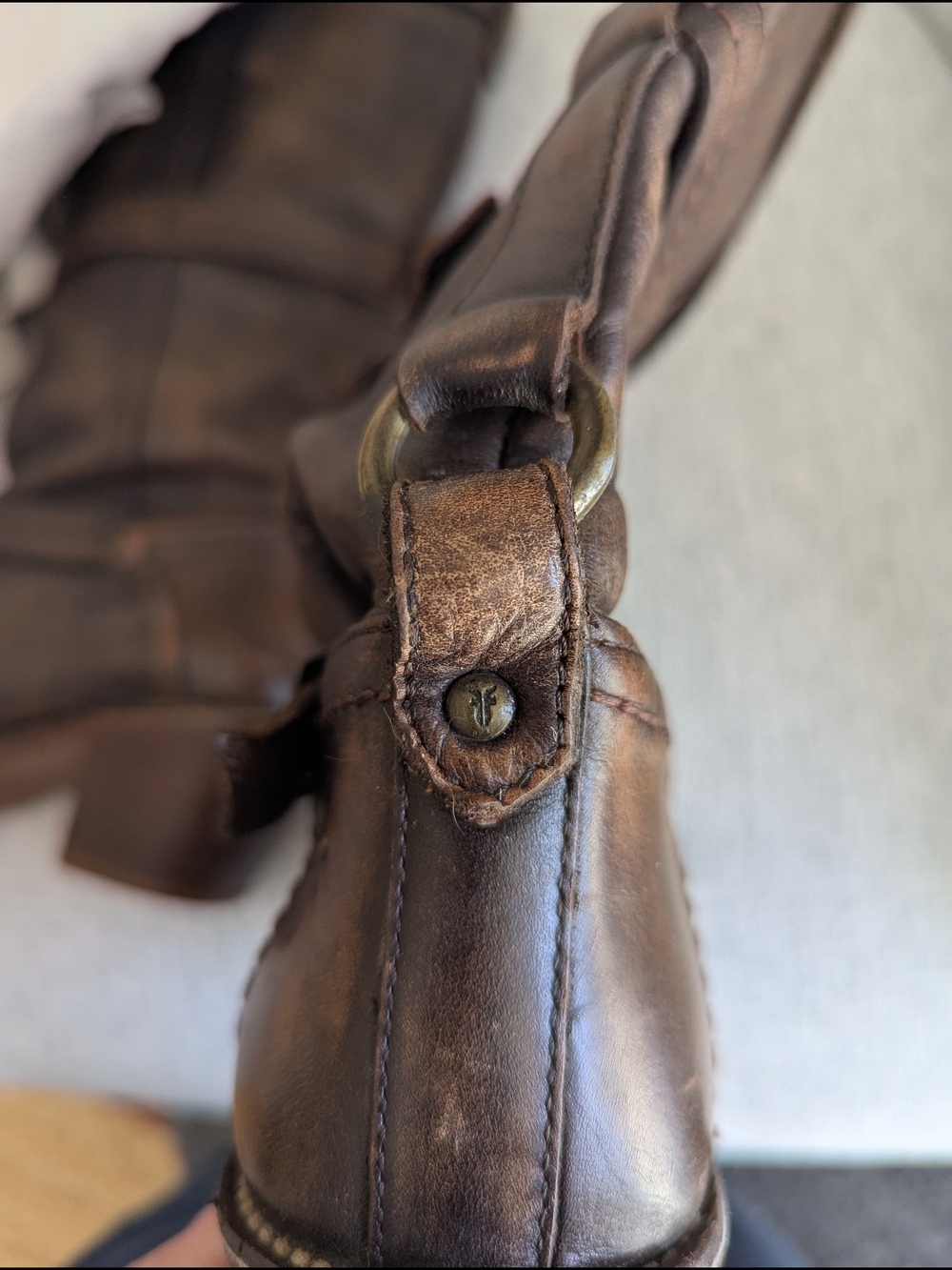 Frye Distressed Brown Leather Mid-Calf Buckle Heeled Boots - Picture 9 of 9